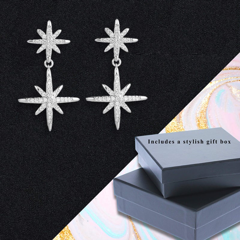 NTLX Silver Statement Earrings â€“ Star Earrings â€“ Unique Double Starburst Drop Design â€“ featuring Pave set Cubic Zirconia (CZ) -Designed in USA â€“ Great Gift (Silver) - Image 3